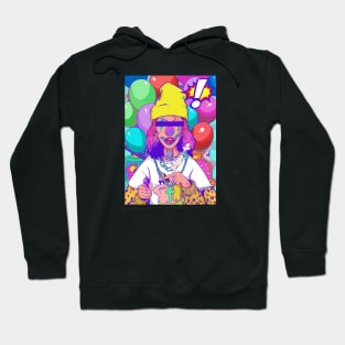 Colorful blind folded joker with many ballons illustration Hoodie